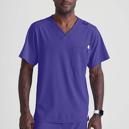 Skechers Sk0112 Structure 1-Pocket Mens V Neck Tag Free Stretch Fabric Moisture Wicking Short Sleeve Scrub Top, Small, Purple