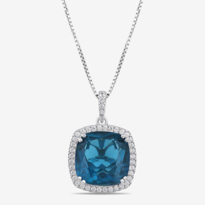 Womens Genuine Blue Topaz Sterling Silver Cushion Pendant Necklace