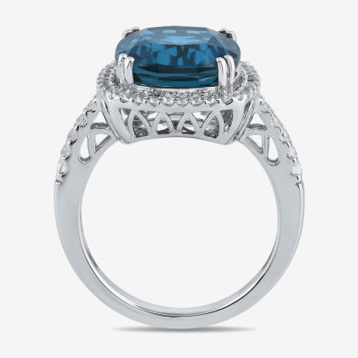 Womens Genuine Blue Topaz Sterling Silver Cushion Halo Side Stone Cocktail Ring