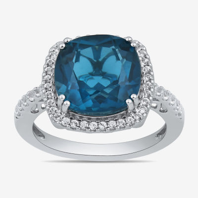 Womens Genuine Blue Topaz Sterling Silver Cushion Halo Side Stone Cocktail Ring