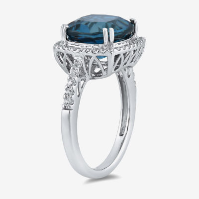 Womens Genuine Blue Topaz Sterling Silver Cushion Halo Side Stone Cocktail Ring