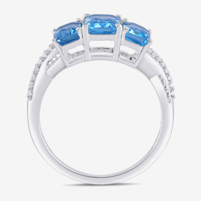 Womens Genuine Blue Topaz Sterling Silver 3-Stone Crossover Cocktail Ring