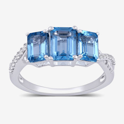 Womens Genuine Blue Topaz Sterling Silver 3-Stone Crossover Cocktail Ring