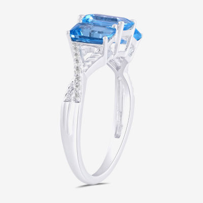 Womens Genuine Blue Topaz Sterling Silver 3-Stone Crossover Cocktail Ring