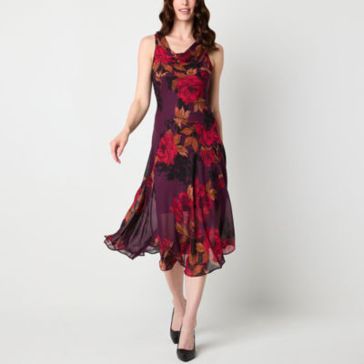 Robbie Bee Womens Sleeveless Floral Midi Fit + Flare Dress