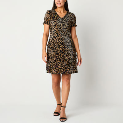 Connected Apparel Womens Short Sleeve Scroll Fit + Flare Dress