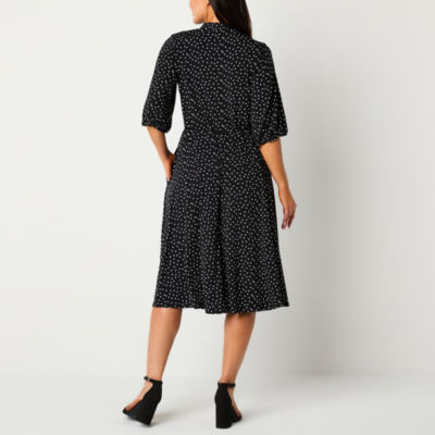 Studio 1 Womens Elbow Sleeve Dots Midi Fit + Flare Dress