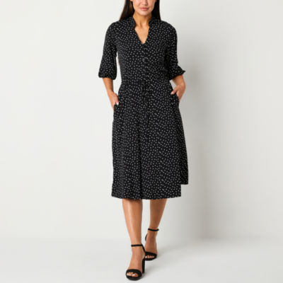 Studio 1 Womens Elbow Sleeve Dots Midi Fit + Flare Dress