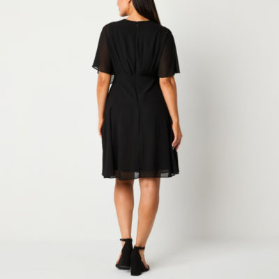 Studio 1 Womens Short Sleeve Midi Fit + Flare Dress