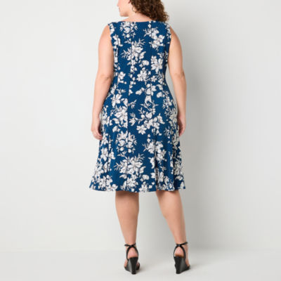 Perceptions Womens Plus Sleeveless Floral Midi Fit + Flare Dress