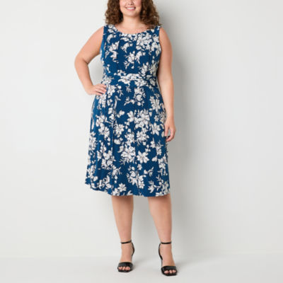 Perceptions womens sleeveless floral midi fit flare dress plus color