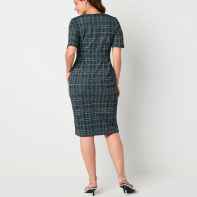 Liz Claiborne Womens Jacquard Short Sleeve Plaid Sheath Dress