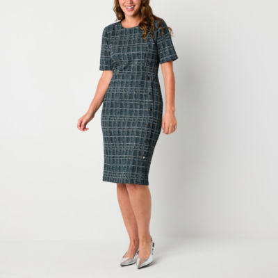 Liz Claiborne Womens Jacquard Short Sleeve Plaid Sheath Dress