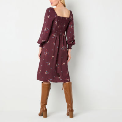 Ellakoko Women's Floral Midi Dress - Long Sleeve Smocked Tiered Dress With Pockets, Burnt Orange