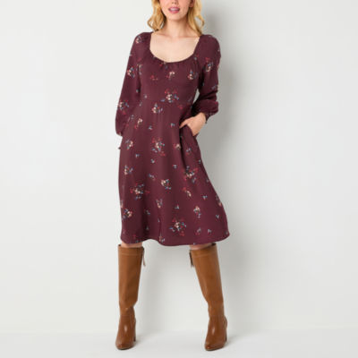 a.n.a Womens Long Sleeve Floral Midi A-Line Dress