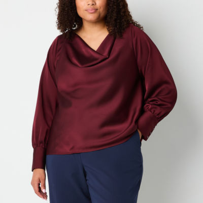 Worthington Plus Womens Cowl Neck Long Sleeve Blouse