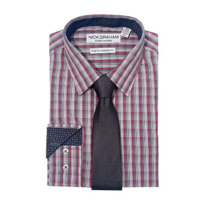Nick Graham Mens Point Collar Long Sleeve Stretch Fabric Shirt + Tie Set Fitted