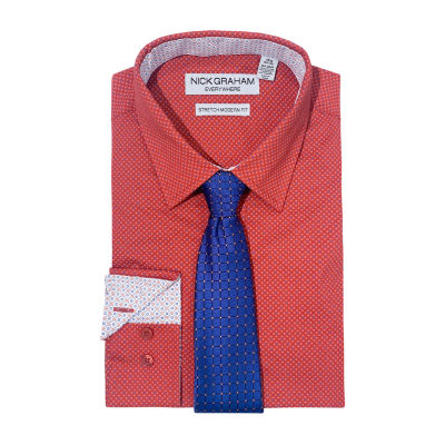 Nick Graham Mens Point Collar Long Sleeve Stretch Fabric Shirt + Tie Set Fitted
