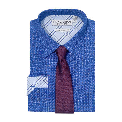 Nick Graham Mens Point Collar Long Sleeve Stretch Fabric Shirt + Tie Set Fitted