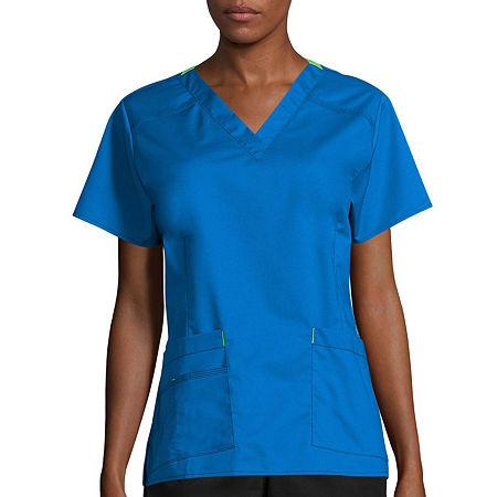 Wink Wonderflex Verity Womens V Neck Short Sleeve Tag Free Scrub Top, Medium, Blue
