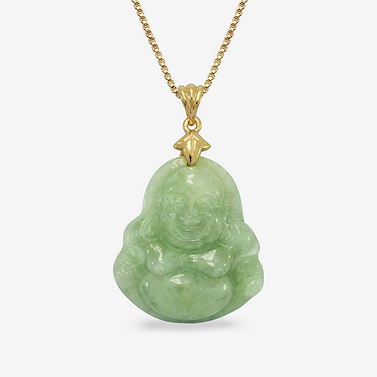 Genuine Jade Buddha Pendant Necklace 14K Yellow Gold Over Silver