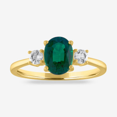 Womens Lab Created Green Emerald 10K Gold 3-Stone Cocktail Ring