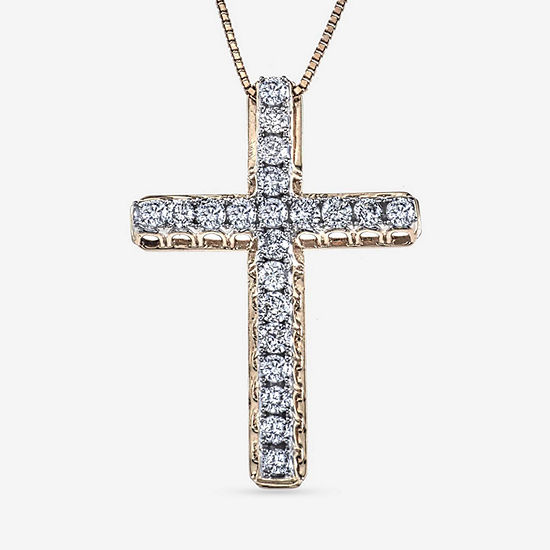 Womens 1/2 CT. T.W. Genuine White Diamond 14K Gold Cross Pendant Necklace