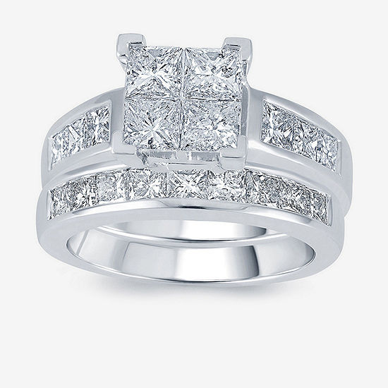 3 CT. T.W. Diamond 14K White Gold Quad Princess Bridal Ring Set