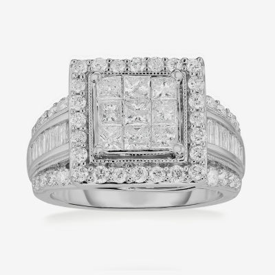 Womens 2 CT. T.W. Genuine Diamond 10K White Gold Side Stone Halo Engagement Ring
