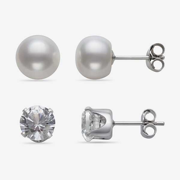 YES PLEASE! Lab Created White Sapphire and Cultured Freshwater Pearl 2 Pair Stud Earring Set in Sterling Silver