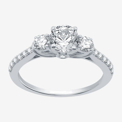 (H-I / I1) Womens 1 1/4 CT. T.W. Lab Grown White Diamond 10K White Gold Round Side Stone 3-Stone Engagement Ring