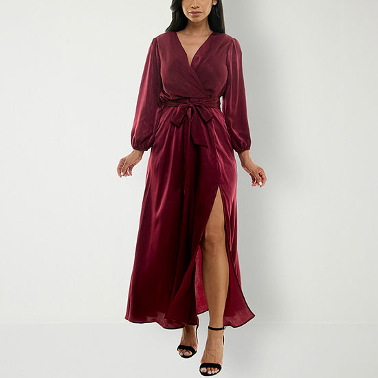 Premier Amour Satin Long Sleeve Maxi Dress, Color: Wine - JCPenney