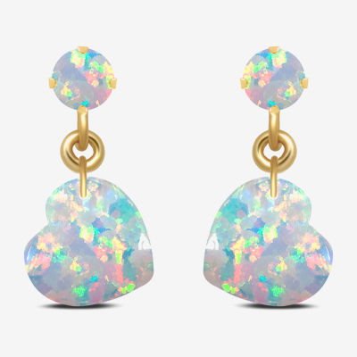 Lab Created White Opal 10K Gold Heart Drop Earrings