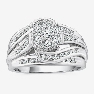 (I / I1) Womens 1 CT. T.W. Lab Grown White Diamond 10K White Gold Round Side Stone Engagement Ring