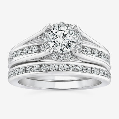 (I / I1) Womens 1 1/2 CT. T.W. Lab Grown White Diamond 10K or 14K Gold Round Side Stone Bridal Set