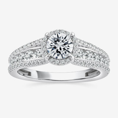 (I / I1) Womens 1 1/2 CT. T.W. Lab Grown White Diamond 10K or 14K Gold Round Side Stone Halo Engagement Ring