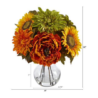 Nearly Natural 12" Faux Peony Dahlia & Sunflower Floral Arrangement