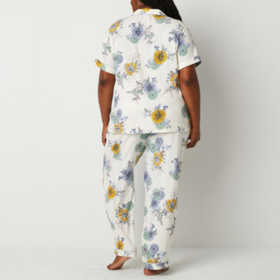 Liz Claiborne Womens Plus Poplin Short Sleeve 2-pc. Pant Pajama Set