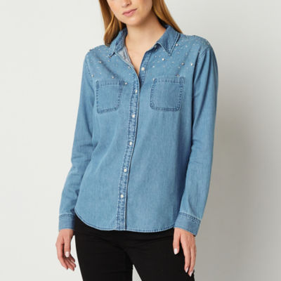 a.n.a Womens Long Sleeve Embellished Regular Fit Button-Down Shirt