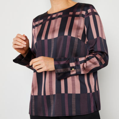 Liz Claiborne Womens Round Neck Long Sleeve Satin Blouse
