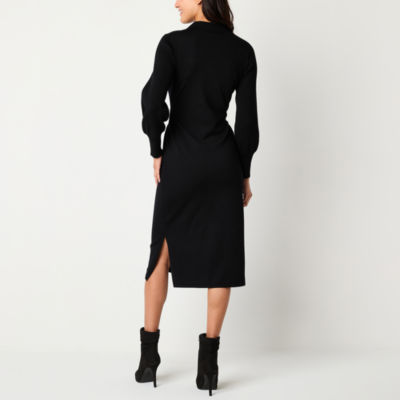 Maia Womens Belted Long Sleeve Midi Sweater Dress