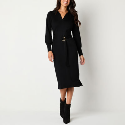 Maia Womens Belted Long Sleeve Midi Sweater Dress