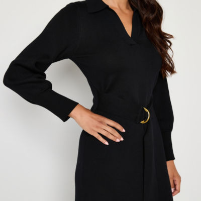 Maia Womens Belted Long Sleeve Midi Sweater Dress