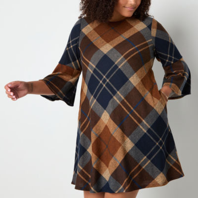 Jessica Howard Womens 3/4 Sleeve Plaid Shift Dress Plus