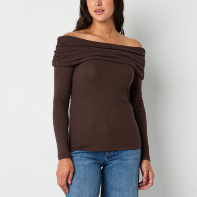 a.n.a Off The Shoulder Womens Straight Neck Long Sleeve Blouse