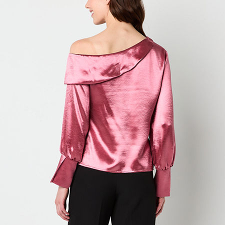 Worthington Womens Asymmetrical Neck Long Sleeve Satin Blouse, Large, Pink