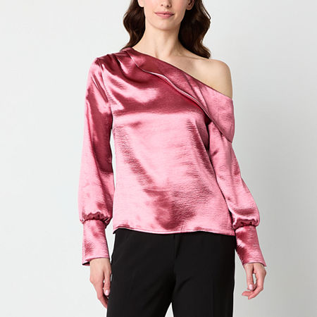 Worthington Womens Asymmetrical Neck Long Sleeve Satin Blouse, Large, Pink