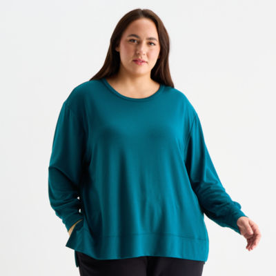 Xersion Womens Soft French Terry Crew Neck Long Sleeve Sweatshirt Plus