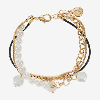 Liz Claiborne Gold Tone Charm Chain Womens Simulated Pearl Strand Bracelet