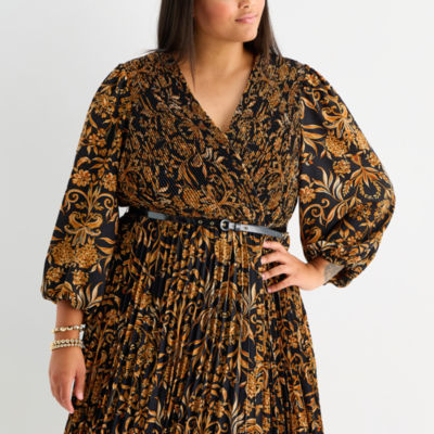 Melonie T Womens Plus 3/4 Sleeve Floral Midi Fit + Flare Dress